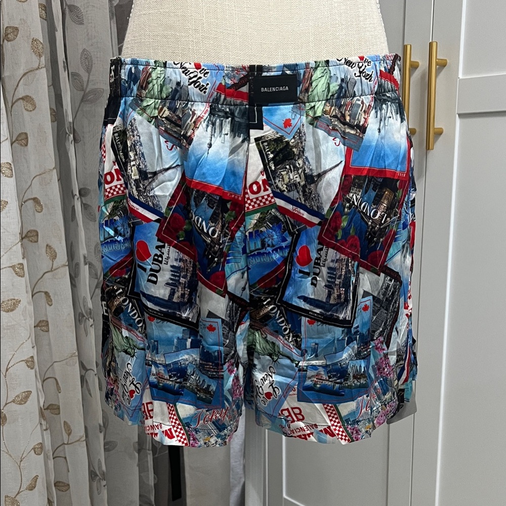 Balenciaga Multicolor Travel Postcard Patch Silk Shorts
